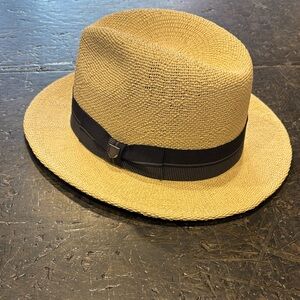 Stylish Tan Brixton Roma Straw Fedora Hat with Black Band